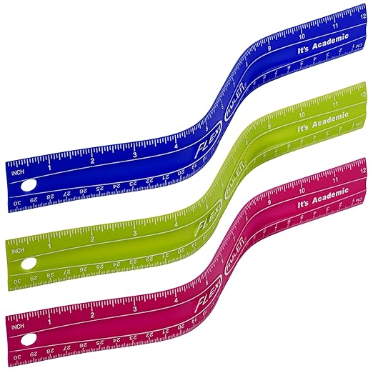 It's Academic Flexi Rulers, 12 Inches and 30 Cms, Flexible Plastic Straight Edges, Perfect for Teachers, Classrooms, 3 Bright Colors, 12 Pack