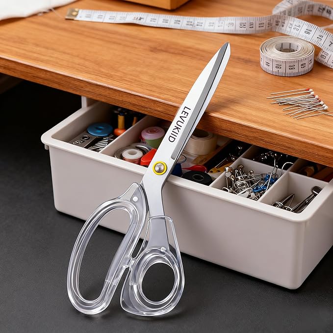 All-Purpose Fabric Scissors - 9 Inch All Purpose Scissors for Adults, Clear Handle, Ideal for Fabric Crafts, Tailor's Shears, Crafting & Office & kitchen/Silver ﻿