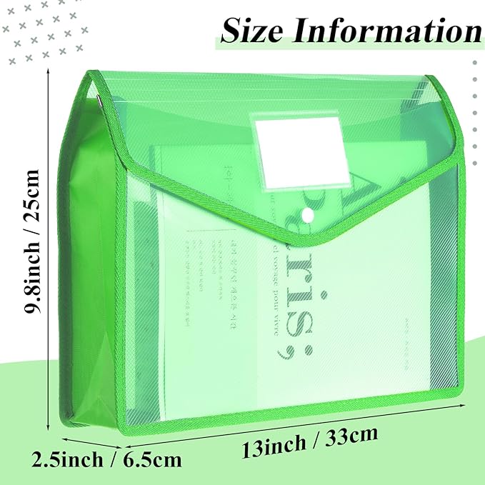 Epakh 10 Pieces Plastic File Folders Envelope Expanding File Wallet Organizer Documents Folder with Snap Closure and Pocket, A4 Size Waterproof Transparent Pouch (Green,Horizontal)