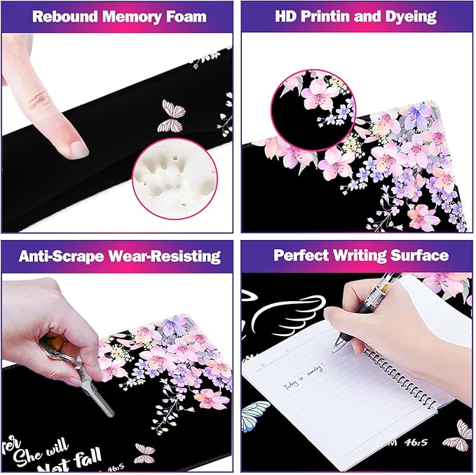 ARTSO Large Mouse Pad Keyboard Wrist Rest Support Combo, Memory Foam Wrist Pad, Extended Desk Mat Protector, God is Within Her Desk Blotter, Psalm Flower Butterfly