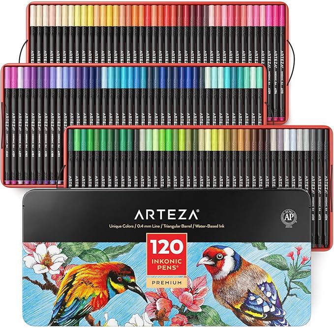 ARTEZA Inkonic Fineliners Pens, Set of 120, 0.4 mm Fine Tip Markers, Water-Based Art Pens for Drawing, Sketching, Journaling, Calligraphy