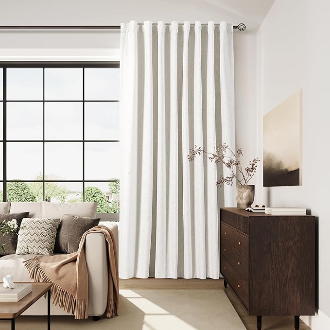 Nanspring Ivory Linen Blackout Curtains 96 Inches Long 1 Panel Set for Living Room Back Tab Pinch Pleated Blackout Curtain Drapes Boho Farmhouse Neutral Cream Bedroom Black Out Curtain 70x96