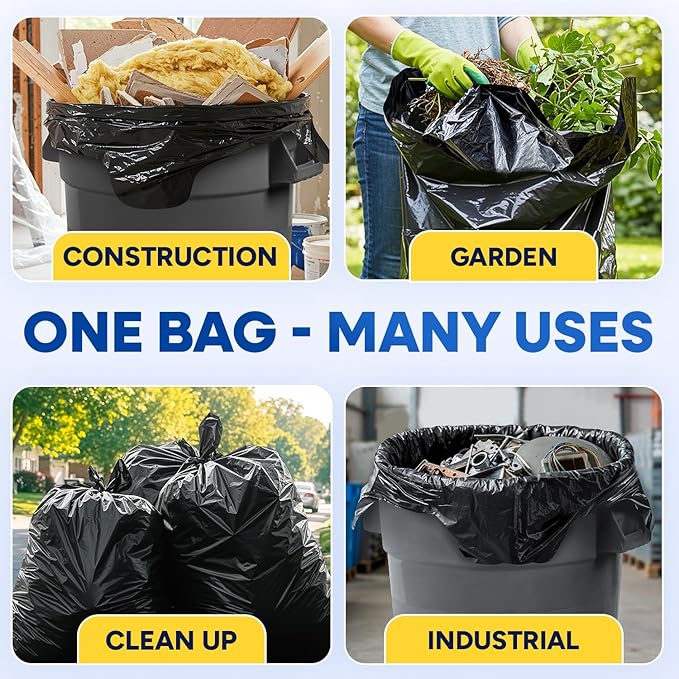 Heavy Duty Contractor Bags 42 Gallon with Flap Ties Trash Bags 3 Mil for Industrial Commercial Use 32 x 45 Yard Waste Bags, Black Pack of 20