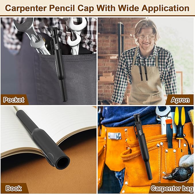 Hiboom 2 Pack Solid Carpenter Pencils with Pencil Cap and 18 Refills, Long Nose Deep Hole Mechanical Pencil Marker, Scribe Tool with Built-in Sharpener for Construction Woodworking Architect (Black)
