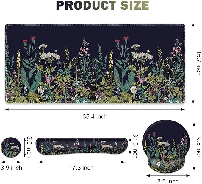 ToLuLu Desk Mat, XXL Large Mouse Pad Wrist Support Set，4 in1 Gaming Mousepad Desk Pad+ Ergonomic Mouse Pad with Wrist Rest + Keyboard Wrist Rest+Coaster for Home Office Computer Table, Weeds Plants