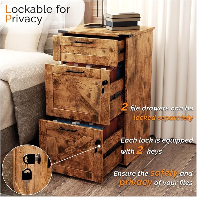 VINGLI 3 Drawer File Cabinet with Lock, Home Office Filing Organizer, for Letter Size File Folder Storage, Modern Farmhouse Style, Wood Vertical Filing Cabinet, Archivador (Rustic Brown)