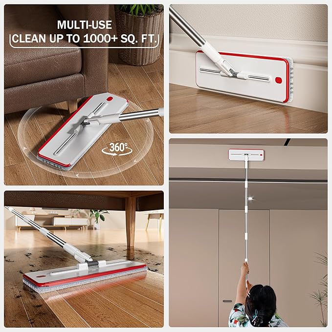 HoMettler Mop and Bucket Set, Flat Mop and Bucket System with Separate Dirty and Clean Water, 3-Compartment Wall Cleaner Mop, Flat Mops for Floor Cleaning with 8 Microfiber Pads