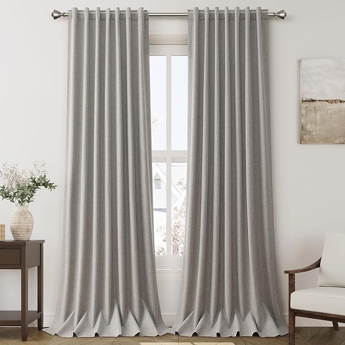 Silver Linen Curtains for Bedroom Black Out 96 Inch Long Full Blackout Back Tab Rod Pocket Curtains for Living Room Neutral Rustic Style Insulated Light Blocking Drapes 96 Inches Long 2 Panels 8 Ft