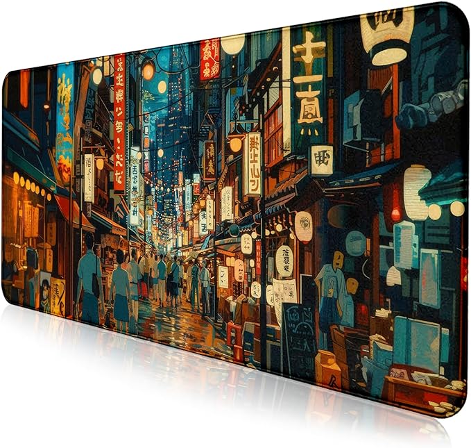 Cute Japanese Street Desk Mat, Anime Tokyo Street Night Scene Large Mouse Mat XXL, Computer Desk Mat 35.4 x 15.7 x 0.12 Inches