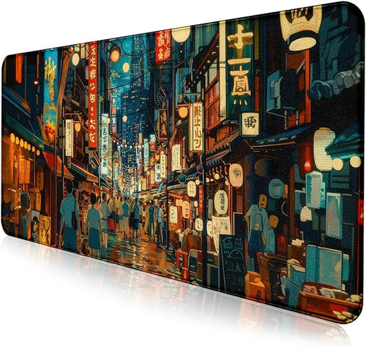 Cute Japanese Street Desk Mat, Anime Tokyo Street Night Scene Large Mouse Mat XXL, Computer Desk Mat 35.4 x 15.7 x 0.12 Inches