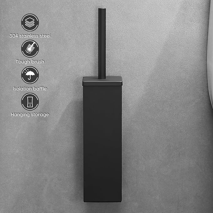 JOVYXIE Black Stainless Steel Square Toilet Brush with Metal Lid Dual-Use Toilet Brush Holder with Drilled + Drill-Free Hook Base Includes Removable Inner Bucket (Black)