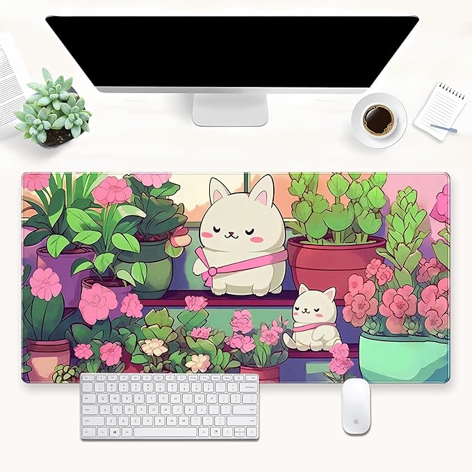 Cute Desk Mat Cat Mouse Pad Gaming Mousepad XXL Kawaii Desk Matt Pink Green Floral Keyboard Mat, Laptop Computer Desktop Decor Mat with Stitched Edges, 3mm Thick Non-Slip Rubber Base 31.5x15.7 in