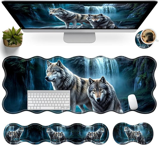 Gaming Mouse Pad Set with Wrist Support, 31.5"x11.8" Large Non-Slip Desk Mat, Ergonomic Keyboard Wrist Rest & Mouse Pad, Memory Foam Cushion Comfort & Precision for Gaming Office, Waterfall Wolf