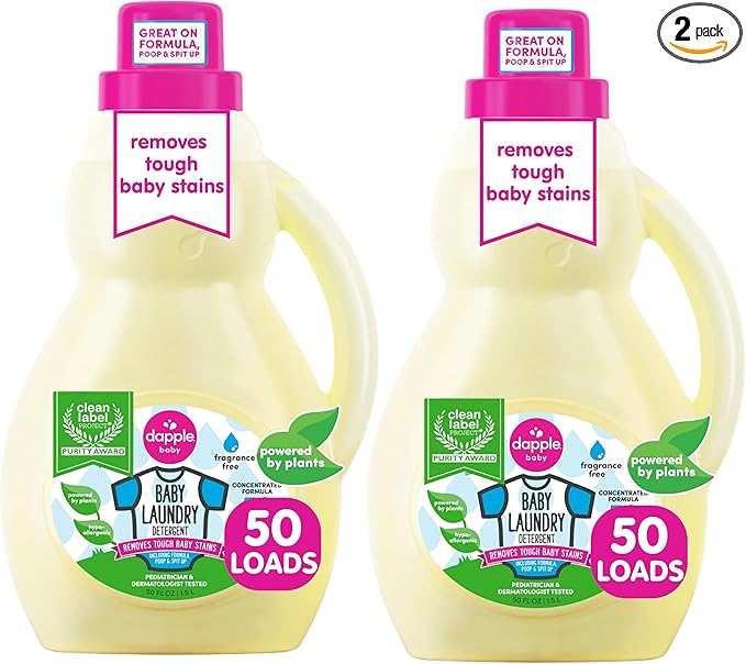 Dapple Baby Laundry Detergent, Plant Powered, Hypoallergenic, Fragrance Free, Concentrated, 50 fl oz (Pack of 2)