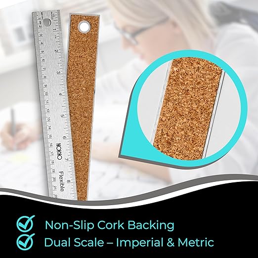 NOKKO 18 Inch Metal Ruler with Cork Backing, Pack of 10 - Flexible Stainless Steel Straight Edge Ruler with Inches and Centimeters, Non-Slip Backing for Precision and Stability