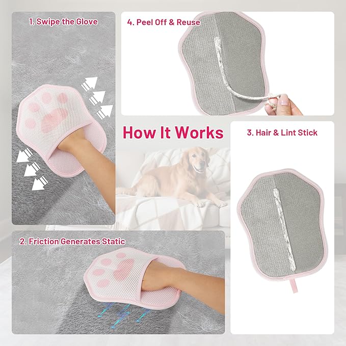 HASSLICKIT Paw-Shaped Pet Hair Removal Glove – Electrostatic Cat & Dog Hair Remover for Furniture, Clothes, Carpet & Car Seats – Cute Reusable Multi-Surface Lint & Fur Removal Tool (Pink)