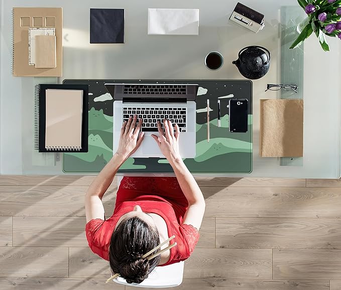 Anime Green Cats Mouse Pad Desk Pad Kawaii Cartoon Cat Desk Mat Cute, XXL Large Laptop Gaming Mousepad Keyboard Mouse Mat, Office Desk Decor matt for Women with Stitched Eges Pad, 31.5x15.75 in