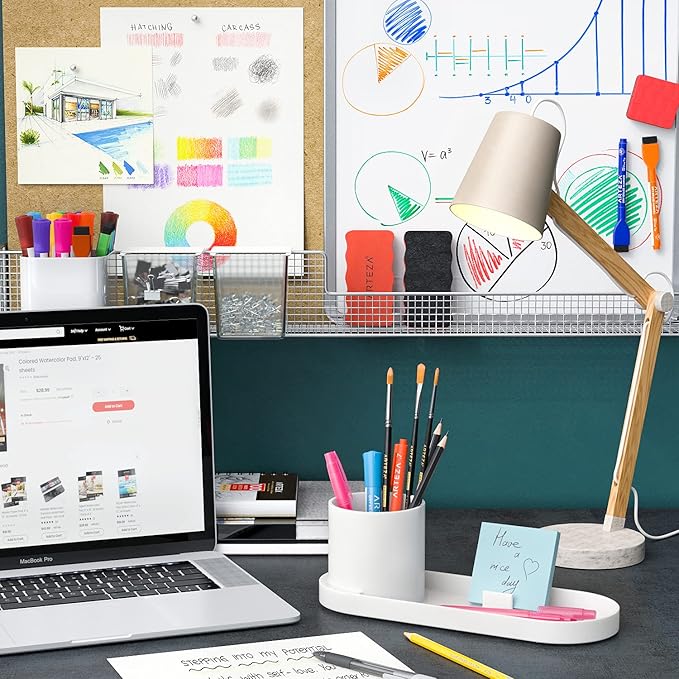 Arteza Office Desk Organizer, 11.3 x 4.1 x 3.8 inches, Modern Ivory Pen Holder with Phone Compartment, Desk Accessory for Stationery and Art Supplies