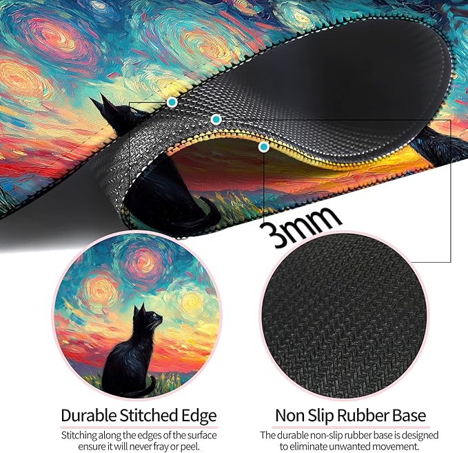 Cute Black Cat Fantasy Starry Night Gaming Desk Mat, Computer Keyboard Large Extended Long Animal Mouse Pad for Office and Home, XL (W03)