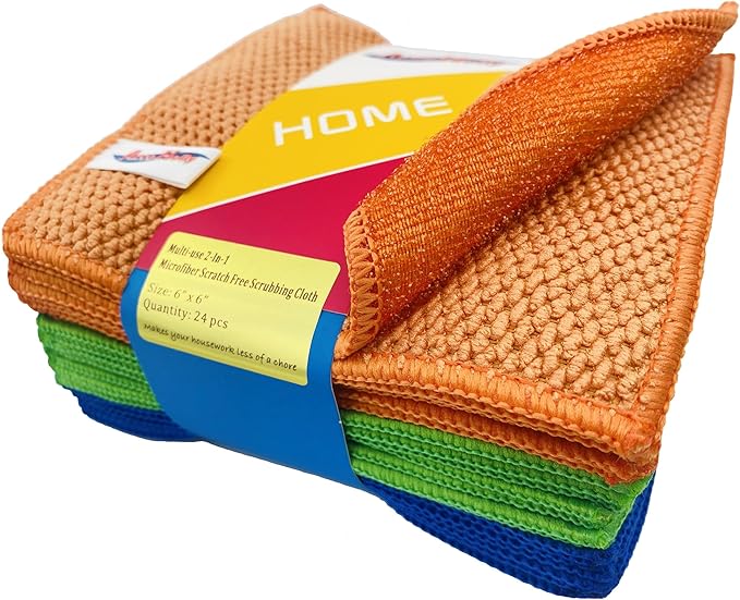 24 Pack Microfiber Scrub Dish Cleaning Cloth, Non-Scratch, Reusable & Durable for Pan Pot Dish Cooktop Stovetop Counter Kitchen Household, Machine Washable, 6 x 6 Inch, Orange, Blue & Green Assorted