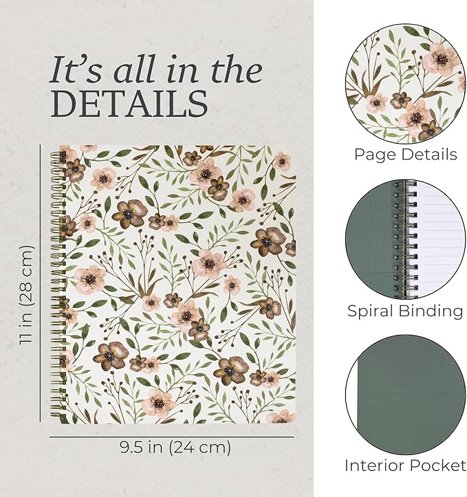 Steel Mill & Co Cute Green Mini Spiral Notebook, 8.25" x 6.25" Journal with Durable Hardcover and 160 Lined Pages, Woodland Floral