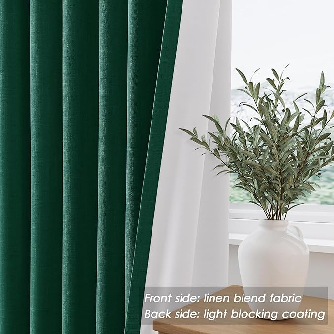 Dark Green Linen Curtain 108 Inches Long 2 Panel Set Blackout Curtains with Back Tab Pocket Cotton Textured Room Darkening Noise Reducing Drapes for Bedroom Cottage High Window 52x108