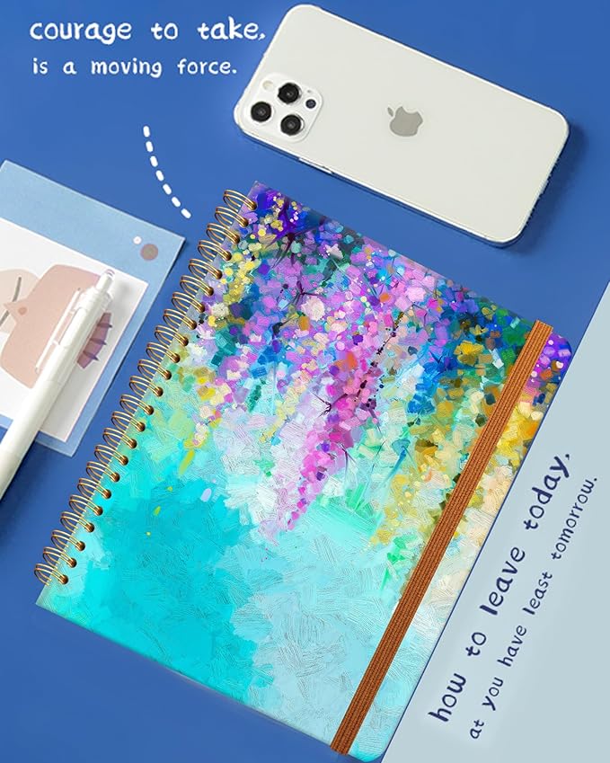 Ruled Spiral Writing Notebook,A5 Hardcover Lined College Journal for Women Lady,Fashion Puppy Watercolor Strong Twin-Wire Binding with Premium Paper,8.4" X 6",Perfect for School,Office,Home Gifts(Oil Painting Spring Flowers)