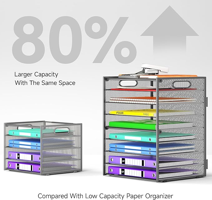 9 Tier Paper Organizer with Handle, Large Capacity Desk Organizer Mesh File Folder Letter Paper Tray Desktop Document Sorter for Classroom, School, and Office Accessories Organization - Grey
