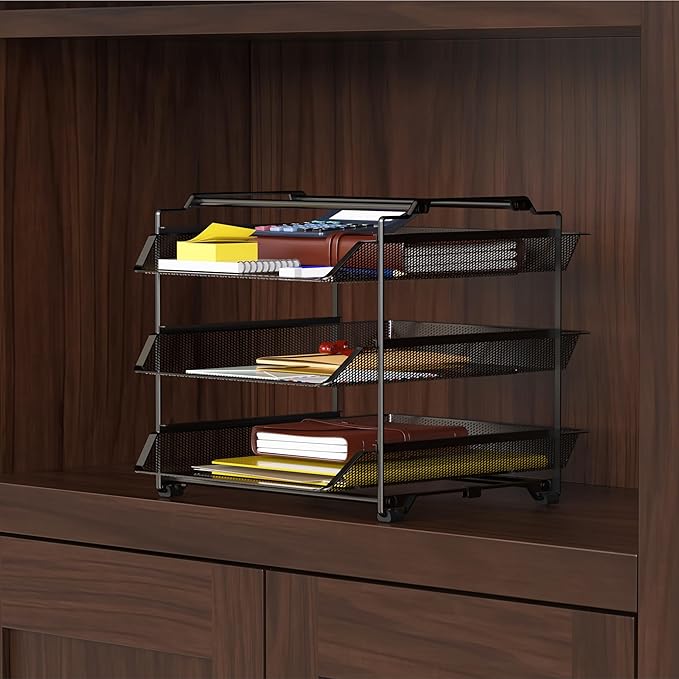 Deco Brothers Stackable Sliding Letter Tray Paper Organizer, 3 Tier, Black