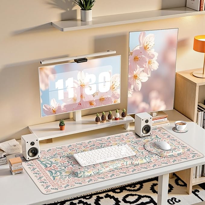 iCasso Desk Pad Mat, Large Mouse Pad and Keyboard Wrist Rest Set, Desk Protector Mat,4in1 Ergonomic Carpal Tunnel Keyboard Pad with Wrist Support for Desktop Cover Home Office Computer(Pink Flowers)