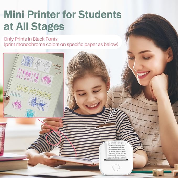 Memoking Mini Portable Printer - T02 Inkless Pocket Thermal Sticker Maker Mini Sticker Printer Mobile Label Maker for Student, Gift, White (Bunny Case Not Included)