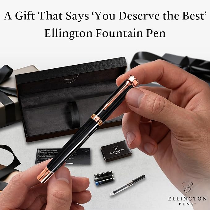 Ellington Pens Luxury Fountain Pen Set - Extra Fine Nib- Includes 3 Ink Cartridges, Refillable Ink Converter, Gift Box- Fountain Pens For Writing, Calligraphy, Journaling, Sketching (Midnight Rose)
