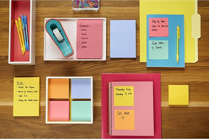 Post-it Super Sticky Lined Notes, 5 Sticky Note Pads, 4x6 in, 2X The Sticking Power, School Supplies, Office Products, Sticky Notes for Vertical Surfaces, Monitors, Walls and Windows, Bright Colors