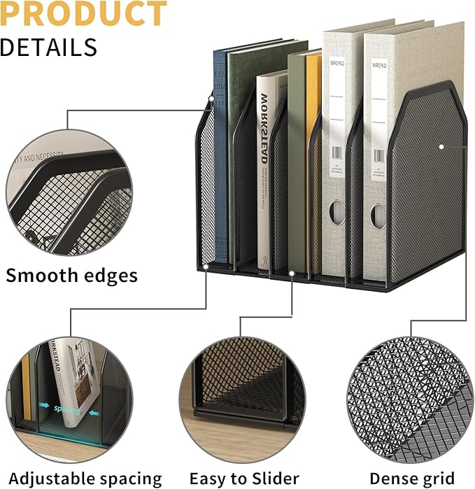 Metal 5-Section File Folder Organizer for Desk | Compact Vertical Desk File Holder | Desktop Paper Sorter for Documents, Notebooks, Books | Black Office Organizer (9.3”x8.5”x7.9”)