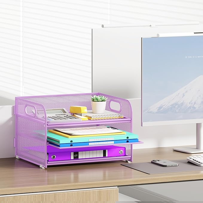 3 Tier Paper Organizer with Handle, Metal Desk Organizer Mesh Paper Letter Tray Desktop File Folder Document Sorter for Classroom, School, Office Accessories Organization and Storage - Purple