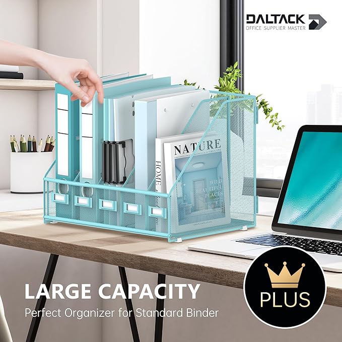 DALTACK Desk Organizers Metal Magazine File Holder with 5 Vertical Compartments Folder Storage Binder Organizer for Office Home School Organization, Blue Plus