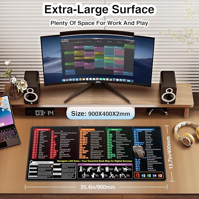 Excel Cheat Sheet Mouse Pad, Extra Large Excel Shortcuts Desk Mat, XXL 35.4"x15.7" Waterproof Keyboard Mousepad for Full Desk Office Work Computer Gaming Mouse Mat with Stitched Edges Anti-Slip