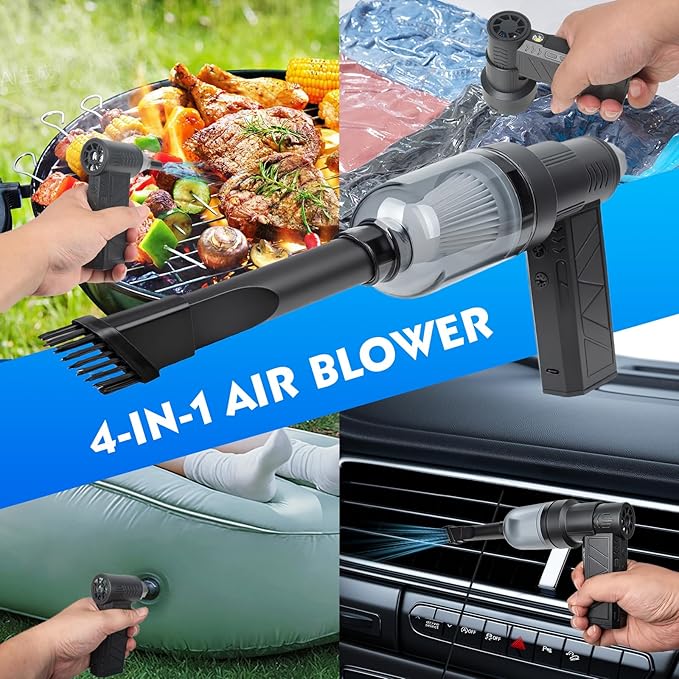 NUHFUFA 4-in-1 Compressed Air Duster with Light, Handheld Car Vacuum/Air Blower/Pump/Inflate 130000RPM Adjustable Electric Vacuum Cleaner for Computer Keyboard Car Home(Black)