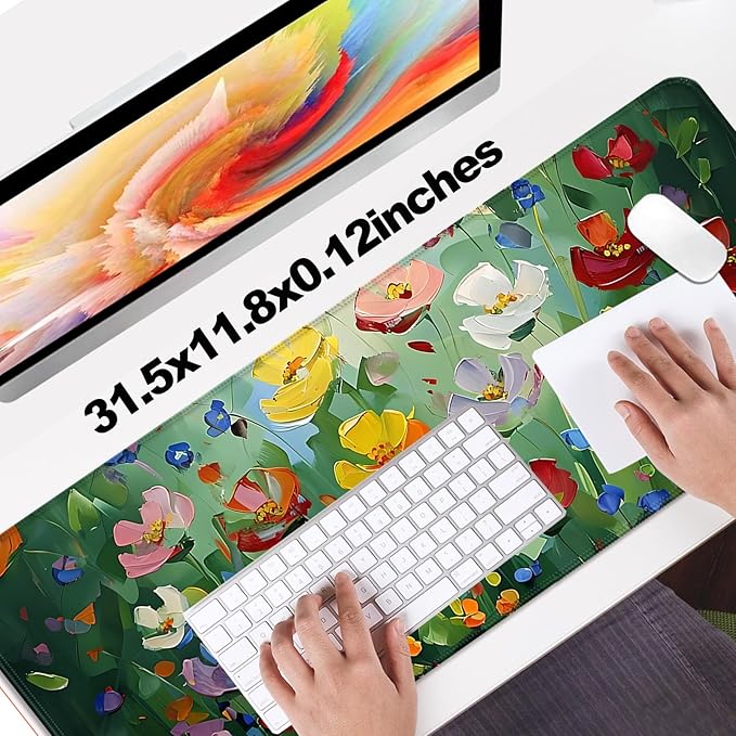 Abstract Green Wildflower Gaming Desk Mat, Computer Keyboard Large Extended Long Floral Mouse Pad for Office and Home, XL (W23)