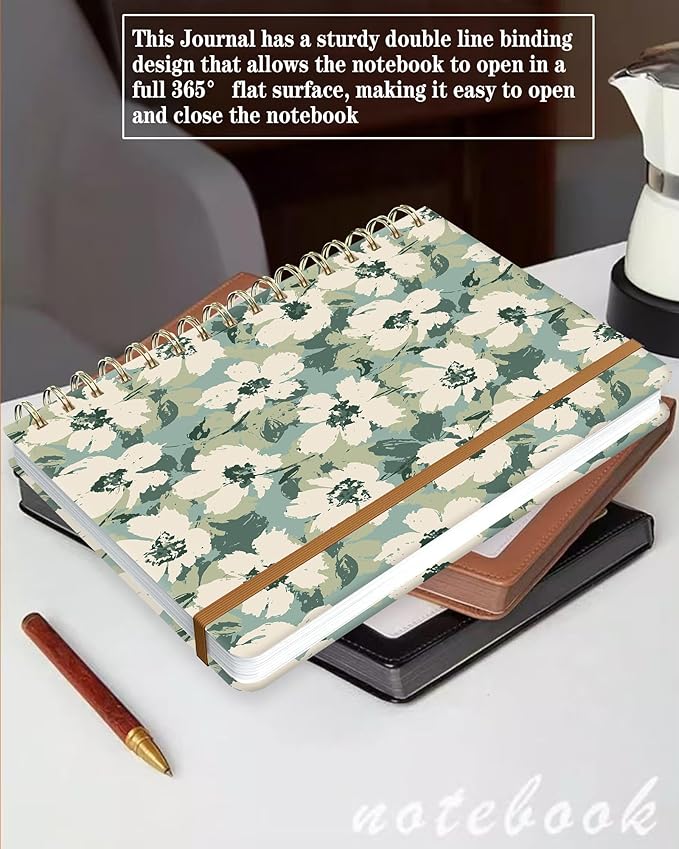 Spiral Journal Notebook for Women, Hardcover A5 College Ruled Notebook, 120 Pages, Thick Paper, Cute Lined Journal for School, Office & Work, 6 x 8.4 in(Floral Green)