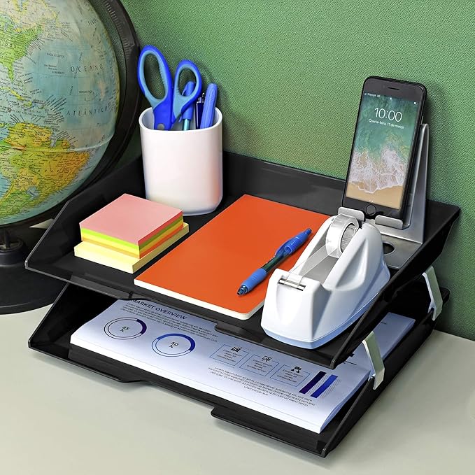 Acrimet Facility 2 Tier Letter Tray, Side Load, Letter Size/A4, Desktop File Organizer, Plastic (Black Color)