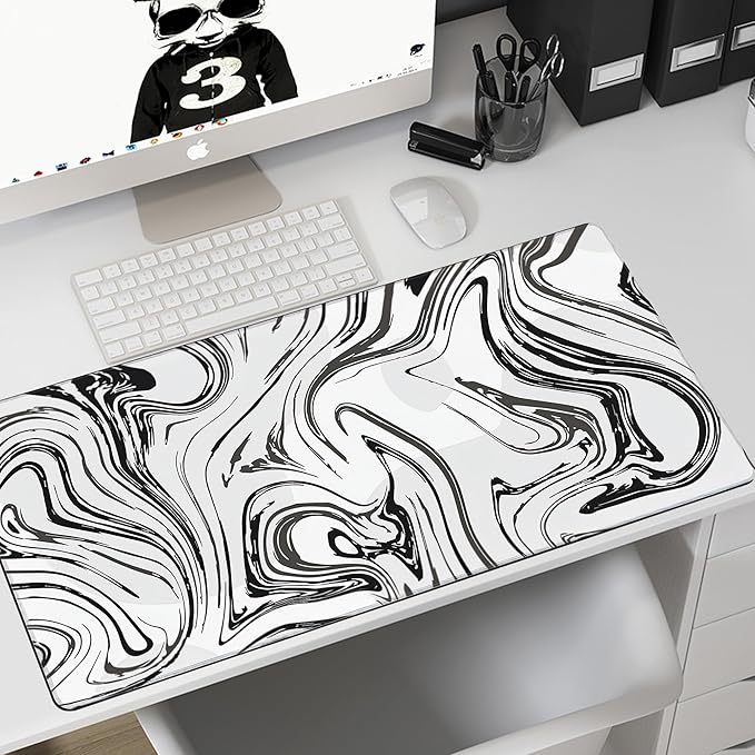 MIOAOSRT Desk Mat,Abstract Black and White Marbling Extended Gaming Mouse Pad,Large Non-Slip Rubber Base Mousepad with Stitched Edges,Waterproof Mouse Mat Desk Pad for Office Game Home 35.4x15.75 in