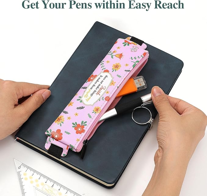 MoKo Elastic Pen Holder for Notebook, 4 Pieces PU Leather Pencil Case with Adjustable Band, Stationery School Supplies Zipper Bag for Planners, Journals, Book