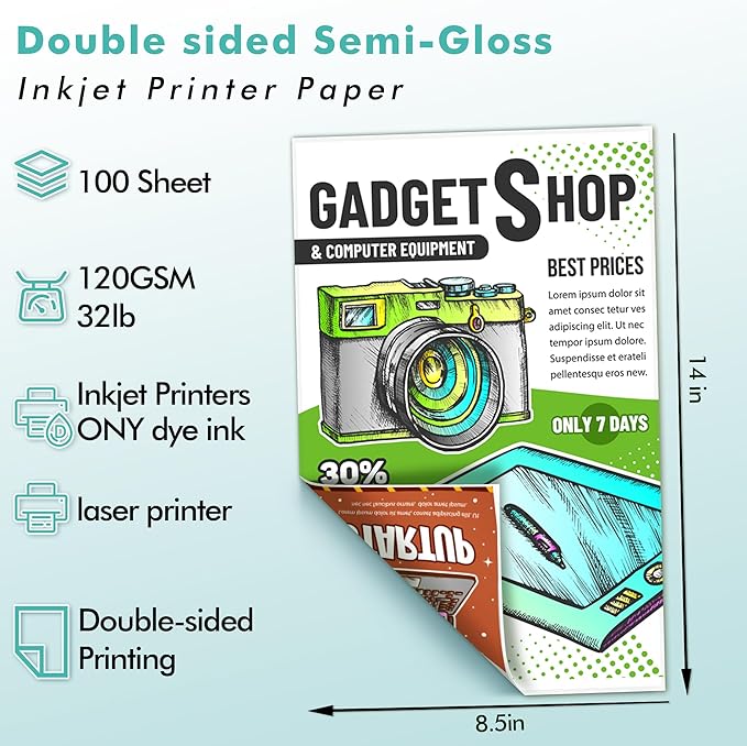 Koala Thin Double Sided Semi-Gloss Photo Paper 8.5X14 Inch Legal Size 100 Sheets 32LB for Inkjet and Laser Printer for Menu Flyer Print
