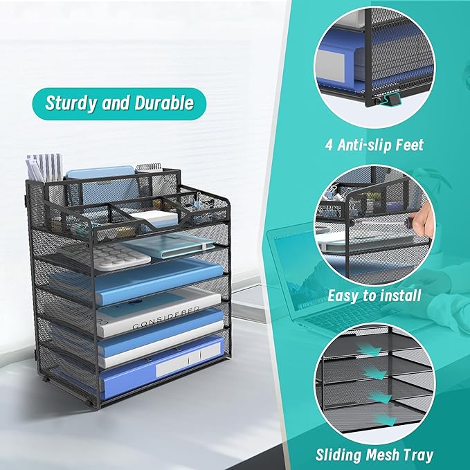 6 Tier Mesh Desk Organizer,Multi Functional Letter Paper Tray with 3 Pen Holders and 5 Adjustable Storage Compartments for Office Supplies Files and Mail Space Saving Desktop Organizer-Black