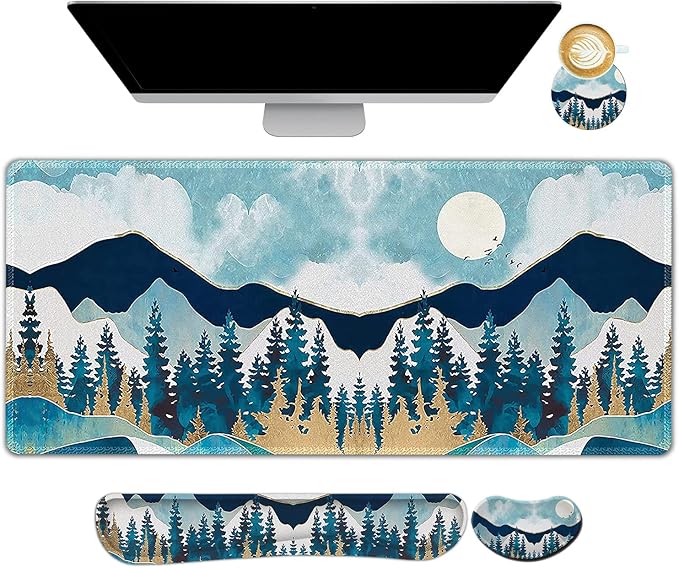 ARTSO Large Gaming Mouse Pad Set, Keyboard Wrist Rest Support + Mouse Wrist Cushion + Extended Mousepad + Coaster, 35x15.5in Multifunctional Desk Mat, Abstract Mountain
