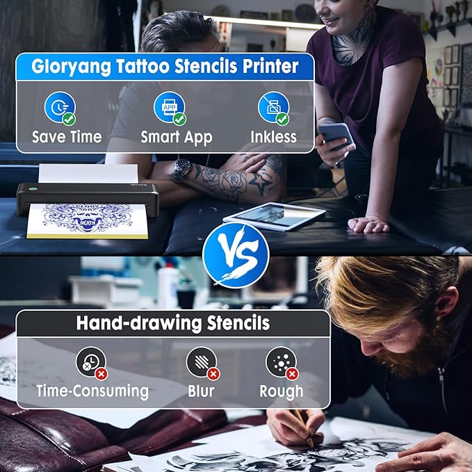 Wireless Tattoo Transfer Stencil Printer, Portable Thermal Tattoo Machine for Tattoo Beginners with 40pcs Stencil Paper, Compatible with Smartphone & PC, Rechargeable & Inkless, Black