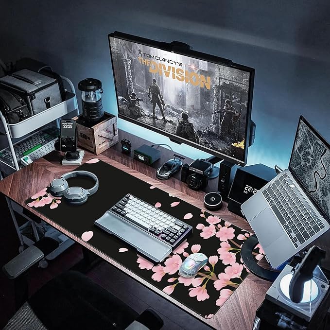 Desk Pad, Pink Cherry Blossoms Extended Large Gaming Mouse Pad for Desk XXL, Large Desk Mat for Desktop with Non-Slip Rubber Base Stitched Edges for Computer Keyboard Home Office 35.4"X15.7"