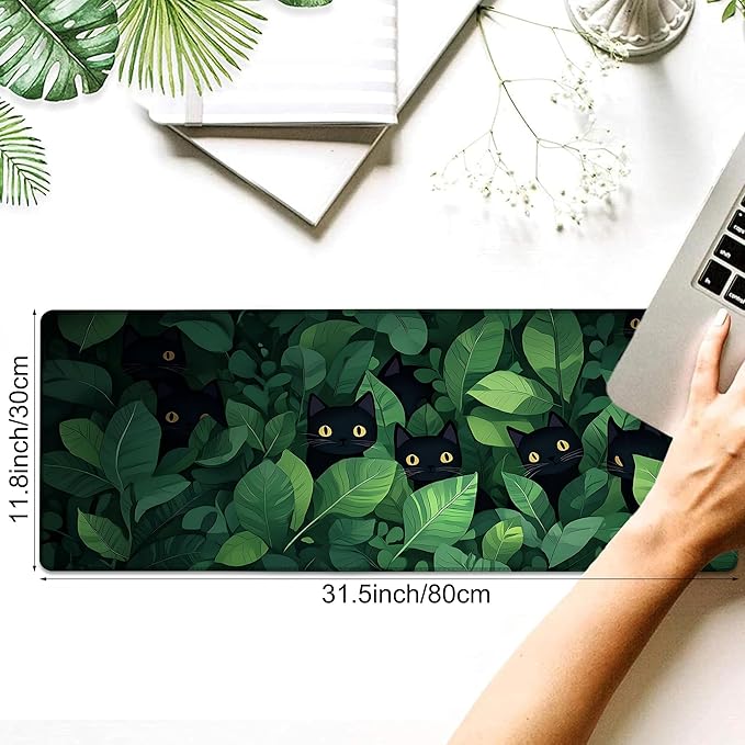 Desk Pad, Cute Anime Cats in Green Leaves XL Gaming Mouse Pad with Stitched Edges,Non-Slip Waterproof Rubber Base Large Desk Mat for Keyboard and Mouse 31.5"x11.8"