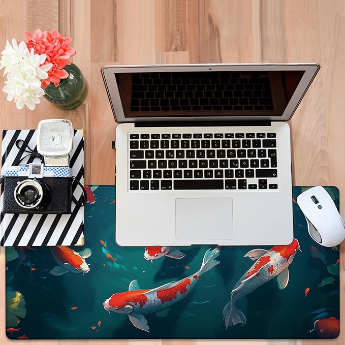 Large Mouse Pad Koi Fish Gaming Desk Pad Computer Keyboard Non-Slip Waterproof Mouse Mat with Rubber Base and Stitched Edges Entertainment Office Writing Desk Mat 35.4 x 15.7 Inches